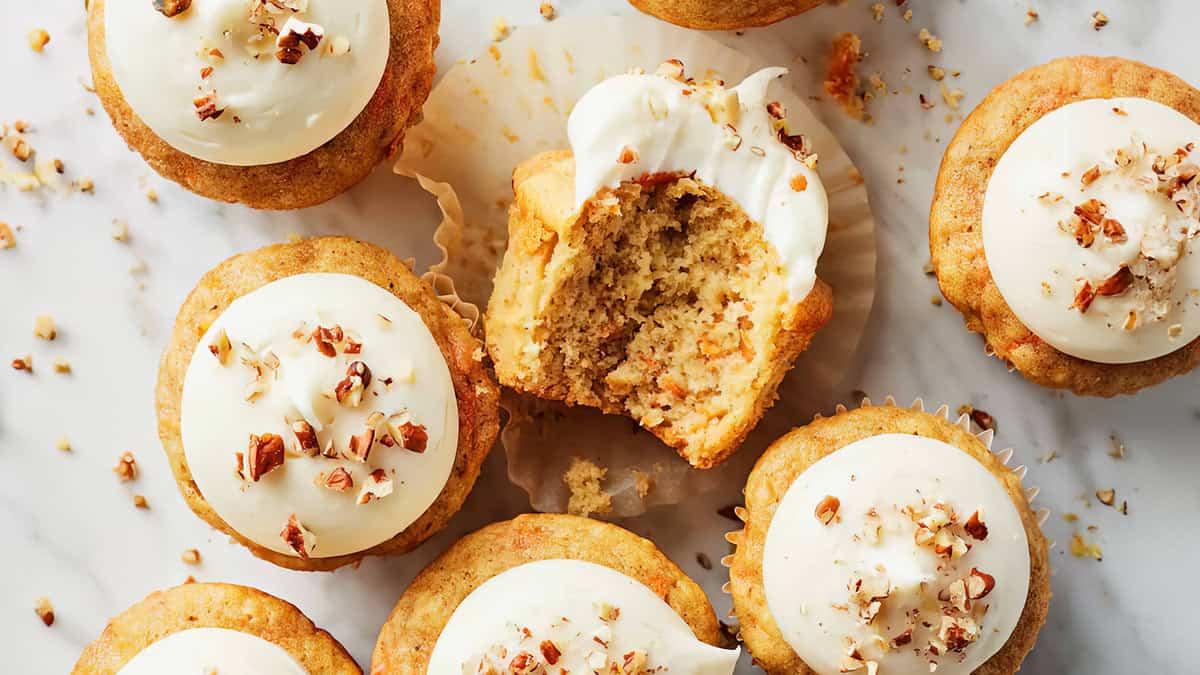 Top view of seven frosted cupcakes, classic baked goods topped with chopped nuts, arranged on a white surface. One cupcake with a bite taken out shows its moist interior. Wrappers partially opened on a cupcake create a casual, inviting setup that enhances the appeal of these delightful desserts.