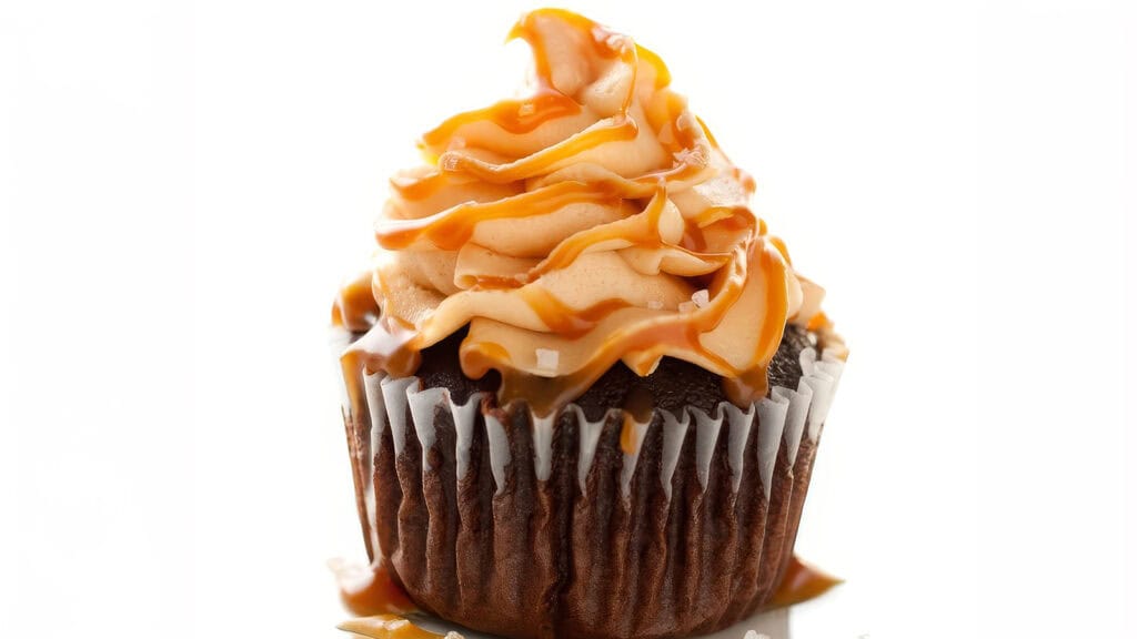 A close-up of a chocolate cupcake with creamy swirls of caramel frosting, generously drizzled with caramel sauce. The cupcake is in a white paper liner and is set against a plain white background, perfectly showcasing the rich colors and textures found in beloved caramel recipes.