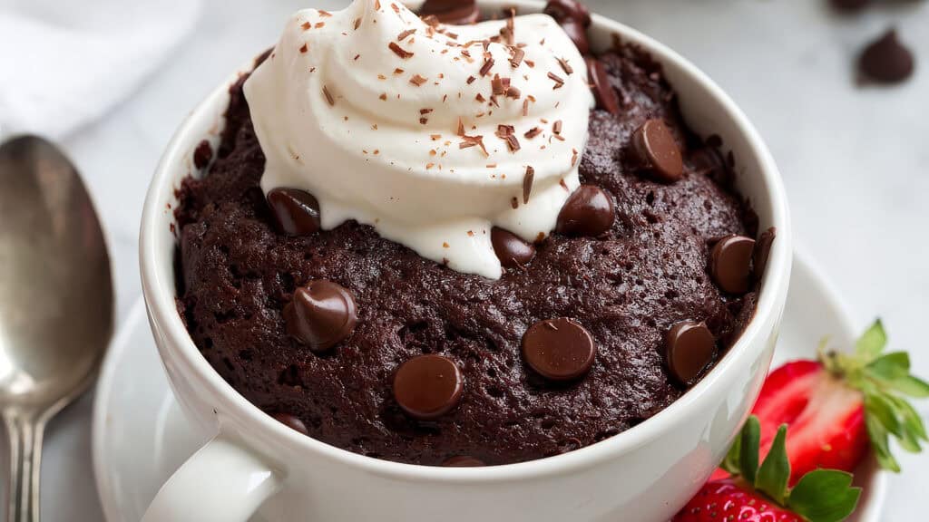 A rich chocolate mug cake topped with swirls of whipped cream and sprinkled with chocolate shavings sits in a white mug on a matching saucer. Following the best chocolate chip recipes, chocolate chips are baked into the cake, and fresh strawberries are placed beside the mug. A spoon is visible in the background.