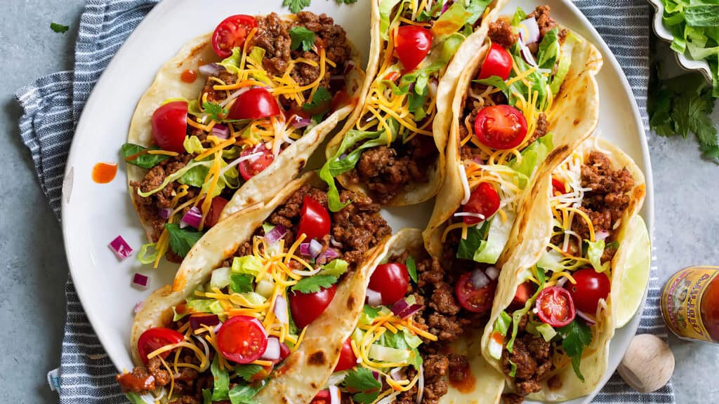 A plate of five soft shell tacos filled with seasoned ground beef, shredded cheese, chopped lettuce, diced red onions, halved cherry tomatoes, and fresh cilantro. This easy ground beef recipe sits on a gray surface with a striped cloth napkin and a small bottle of hot sauce nearby.