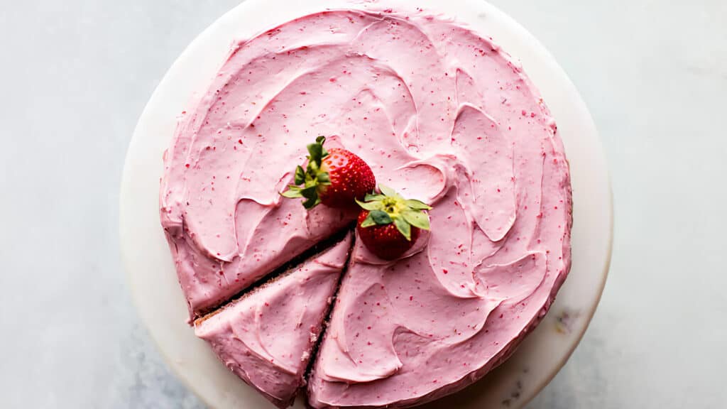 A round cake with pink frosting sits on a white surface. The frosting has a textured, swirling pattern, and two fresh strawberries with green stems rest on top. A single slice has been cut and partially removed, revealing the cake's interior layers—straight out of delightful cake recipes.