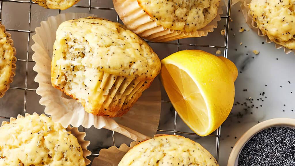 Lemon poppy seed muffins cooling on a wire rack, one muffin partially unwrapped in a paper liner. Nearby, a halved lemon and a small bowl of black poppy seeds highlight these delightful lemon desserts, with muffin crumbs and poppy seeds scattered around.