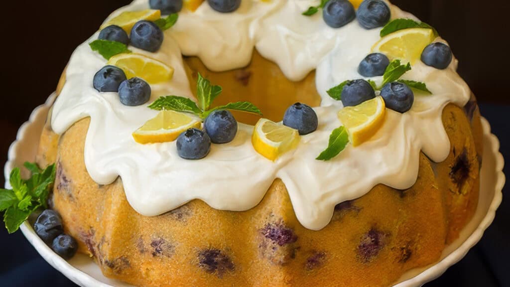 A bundt cake with a white glaze, decorated with blueberries, lemon slices, and green mint leaves on top, is displayed on a white cake stand. The visible blueberries baked within add a colorful and appealing touch to this delightful treat. Perfect for those exploring Bundt Cake Recipes!