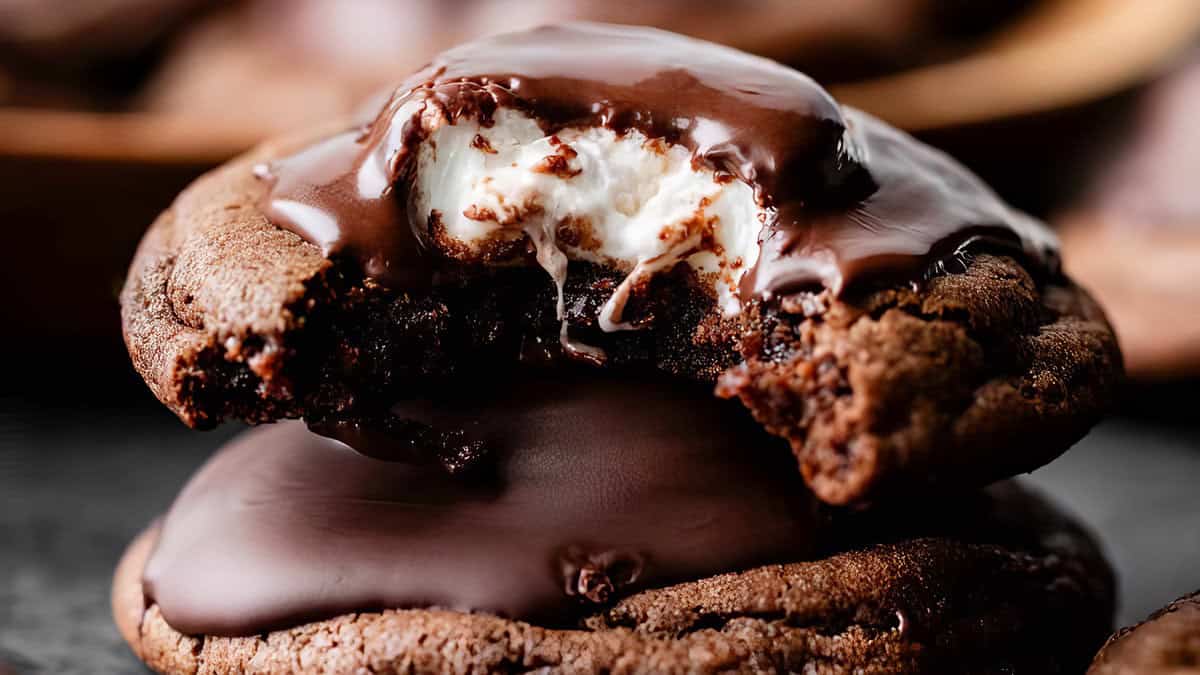 Close-up of two delicious chocolate cookies stacked on top of each other, one with a bite taken out, revealing a gooey marshmallow filling. The cookies are coated with melted chocolate, creating a rich, indulgent appearance that will surely inspire your dessert recipes.