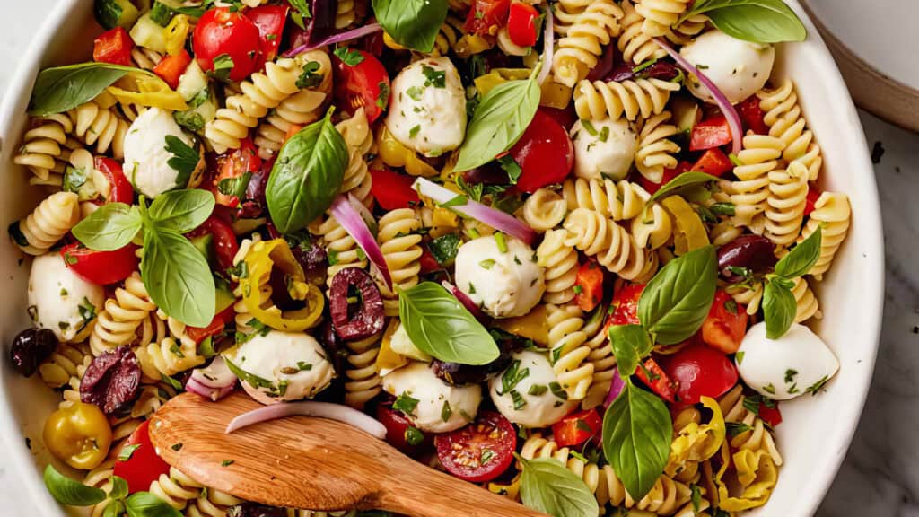 A colorful pasta salad in a white bowl, featuring rotini pasta, cherry tomatoes, mozzarella balls, black and green olives, thinly sliced red onions, chopped bell peppers, and fresh basil leaves. A wooden spoon is placed inside the bowl—a perfect addition to your favorite pasta salad recipes.