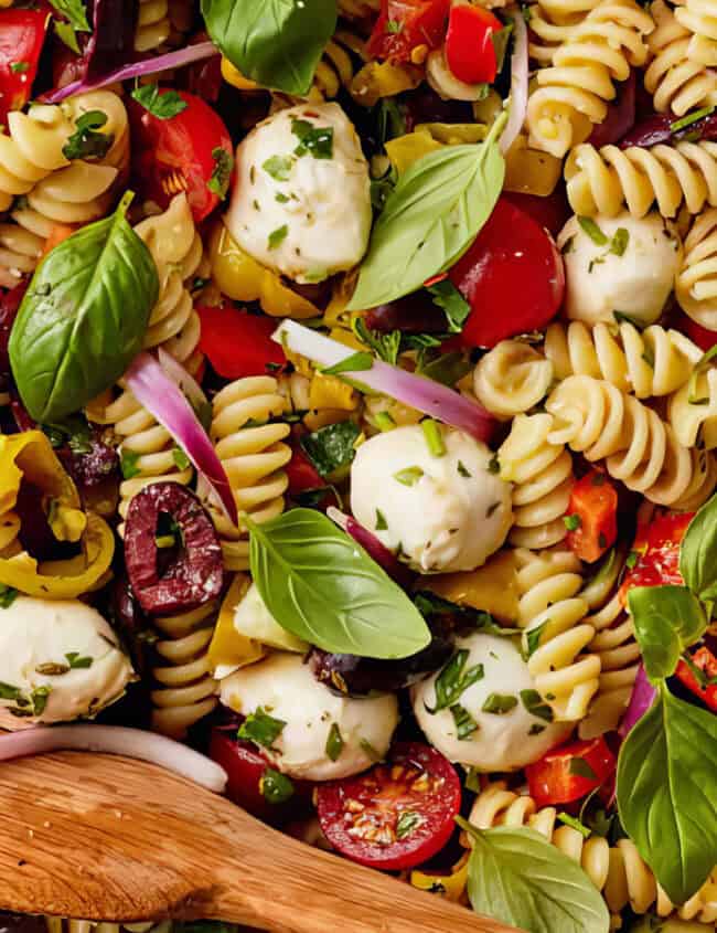 A colorful pasta salad in a white bowl, featuring rotini pasta, cherry tomatoes, mozzarella balls, black and green olives, thinly sliced red onions, chopped bell peppers, and fresh basil leaves. A wooden spoon is placed inside the bowl—a perfect addition to your favorite pasta salad recipes.