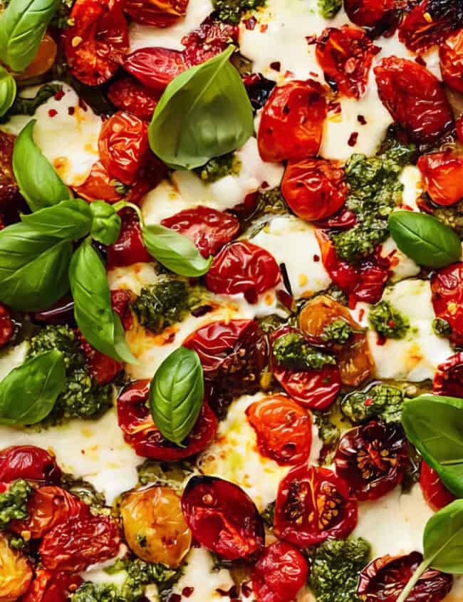 A colorful pizza topped with roasted cherry tomatoes, dollops of green pesto sauce, melted mozzarella cheese, and fresh basil leaves. The vibrant ingredients create a visually appealing and appetizing dish that could easily be featured in any collection of pesto recipes.