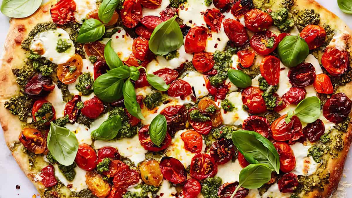 A colorful pizza topped with roasted cherry tomatoes, dollops of green pesto sauce, melted mozzarella cheese, and fresh basil leaves. The vibrant ingredients create a visually appealing and appetizing dish that could easily be featured in any collection of pesto recipes.