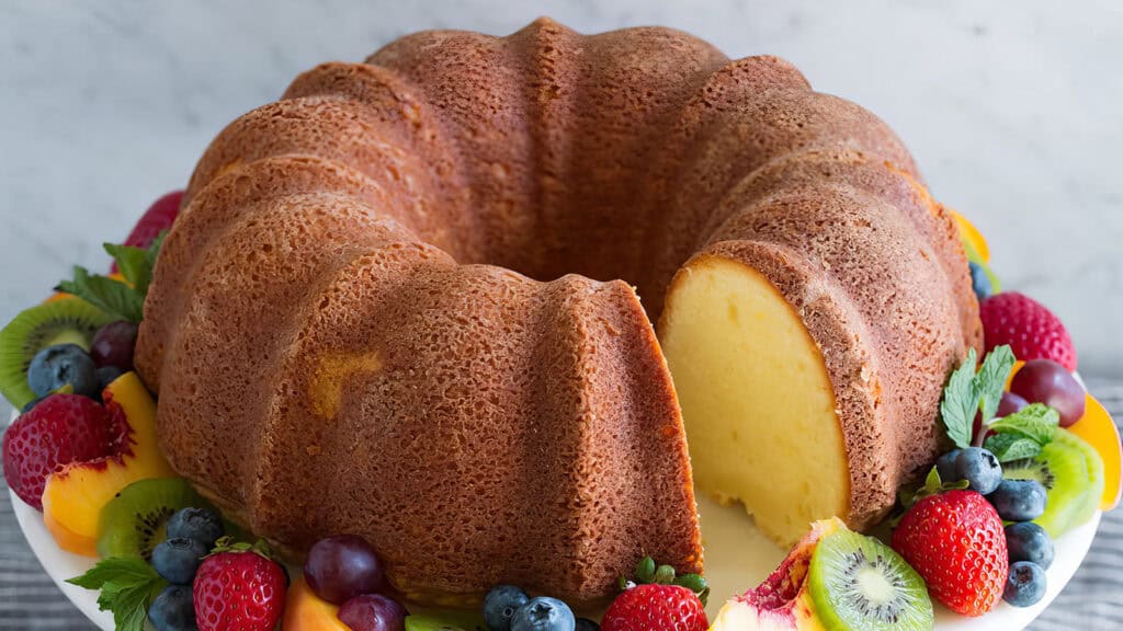 A Bundt cake with a large slice cut out, revealing a moist yellow interior. The cake is surrounded by an assortment of fresh fruits, including strawberries, blueberries, raspberries, kiwi slices, and peach slices, all beautifully arranged on a white plate—perfect for trying new Bundt cake recipes.