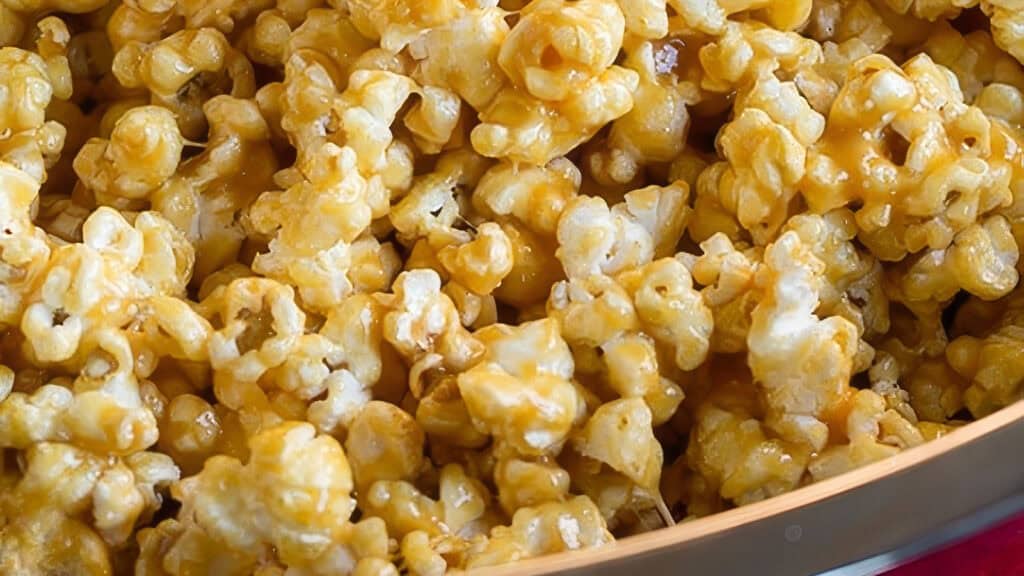 Close-up of caramel popcorn. The popcorn kernels, inspired by classic caramel recipes, are coated in a glossy caramel layer, giving them a rich golden-brown color and a crunchy, sweet appearance.