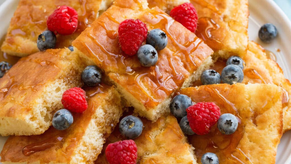 A close-up of fluffy, square-shaped pancakes drizzled with syrup and topped with fresh blueberries and raspberries. Each pancake is moist and golden brown, with a beautiful presentation of mixed berries adding a pop of color—ideal for anyone exploring new pancake recipes.