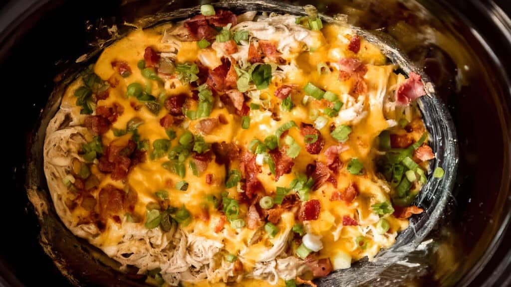 A close-up of a slow cooker filled with a cheesy chicken dish. The top layer features melted cheddar cheese, crispy bacon bits, and fresh green onions, creating a colorful and appetizing presentation. For fans of slow cooker recipes, the creamy shredded chicken is partially visible underneath.