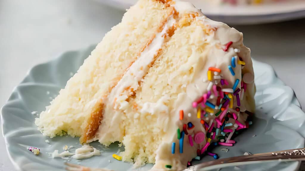 A slice of white frosted cake on a light green plate, partially eaten, reveals a moist interior and a creamy layer in between. The exterior is adorned with white icing and colorful sprinkles on one side. A fork rests on the plate, tempting you to try your hand at similar cake recipes.