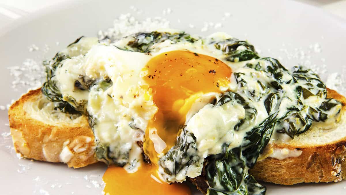 A close-up of a poached egg with a runny yolk on top of sautéed spinach and creamy sauce, served on a slice of crusty bread. The dish, reminiscent of gourmet pancake recipes, is on a white plate with a sprinkling of grated cheese around the edges.