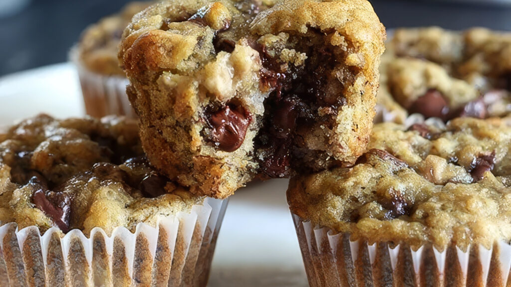 Close-up image of four chocolate chip muffins, one with a bite taken out, revealing melty chocolate chunks inside. The muffins are set on a white plate, showcasing their moist texture and studded with chocolate chips, perfect inspiration for any muffin recipes you might be considering.