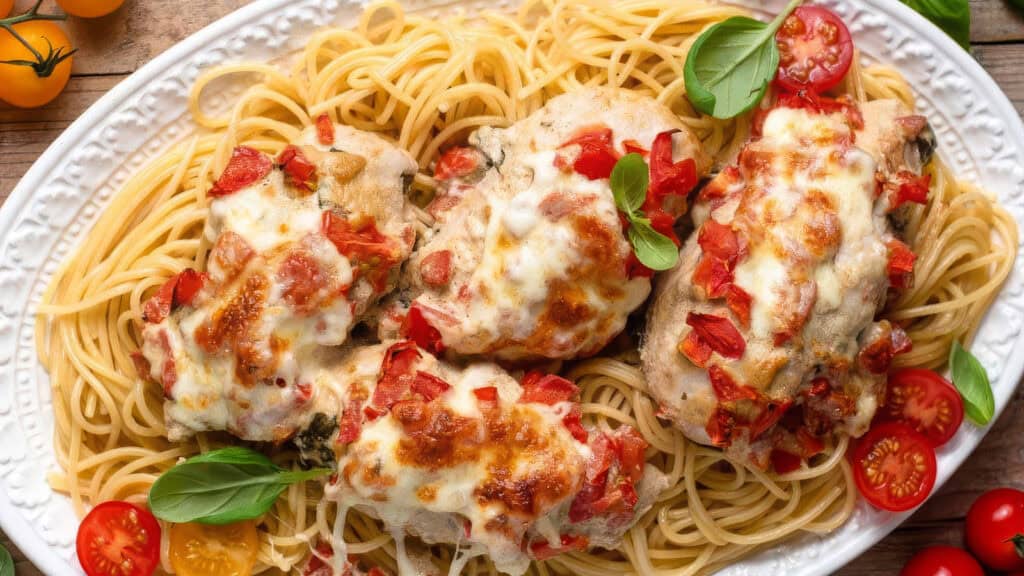 A white plate filled with a serving of spaghetti topped with four portions of baked chicken parmesan. Each chicken piece is covered with melted cheese and diced tomatoes, garnished with fresh basil leaves and cherry tomatoes, creating a colorful and appetizing dish perfect for those seeking delicious chicken recipes.