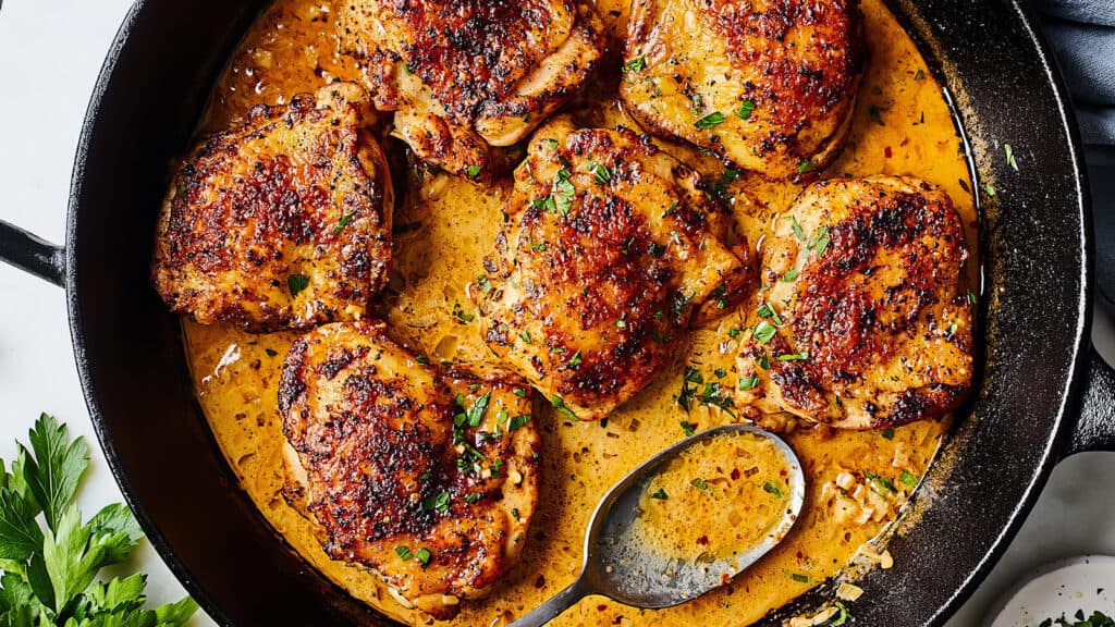 A skillet filled with cooked, golden-brown chicken thighs garnished with fresh herbs and a sprinkle of spices. A serving spoon rests in the spiced sauce surrounding the chicken. Fresh parsley is placed beside the skillet for garnish—perfect for those seeking delicious chicken recipes.