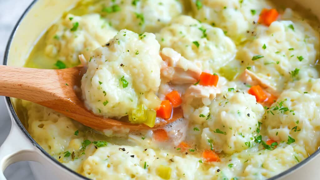 A close-up of a pot of creamy chicken and dumplings, a beloved staple in Southern recipes. The wooden spoon holds a large fluffy dumpling along with pieces of chicken and diced vegetables, including carrots and celery. The dish is garnished with chopped parsley.