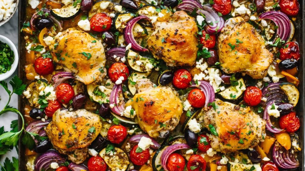 A colorful, appetizing sheet pan meal featuring roasted chicken thighs, cherry tomatoes, red onion slices, zucchini, and bell peppers. Among the finest chicken recipes, the dish is garnished with herbs, olives, and crumbled feta cheese, creating a vibrant and textured presentation.