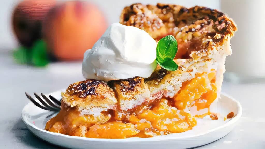 A slice of peach pie, perfect for summer desserts, is topped with a dollop of whipped cream and garnished with a mint leaf on a white plate. A fork rests beside it. The blurred background features an out-of-focus peach and soft lighting.