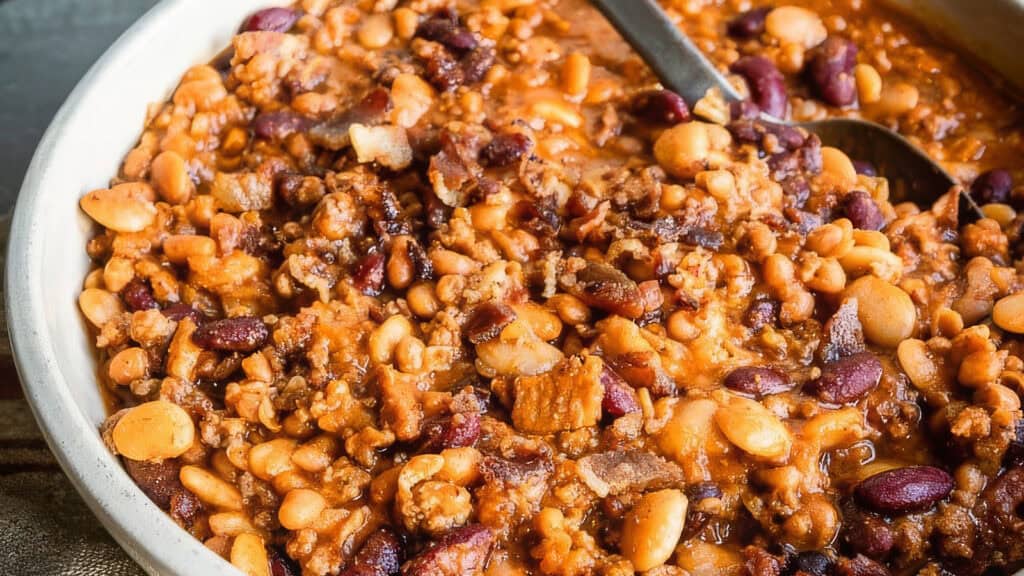 A hearty bowl of chili filled with beans, ground beef, and a rich tomato-based sauce. The dish features a variety of beans, including kidney and navy beans, and appears to be well-seasoned. A spoon is placed in the bowl, ready for serving. It's one of the best ground beef recipes around!