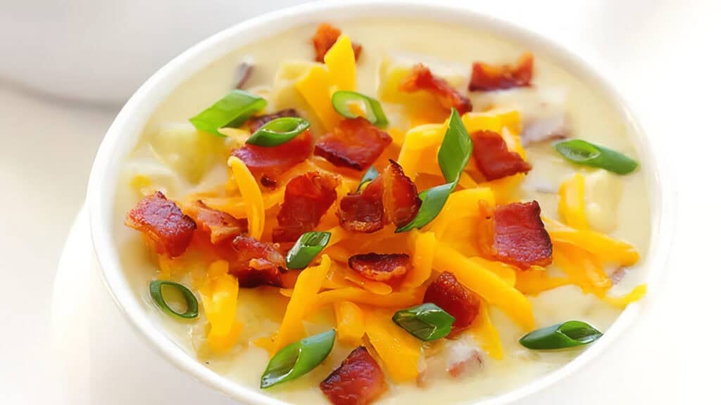 A hearty bowl of creamy potato soup topped with crispy bacon bits, shredded cheddar cheese, and vibrant green onion slices. The rich soup is served in a white bowl, showcasing a comforting and flavorful combination of ingredients. Perfect for those who love easy slow cooker recipes.