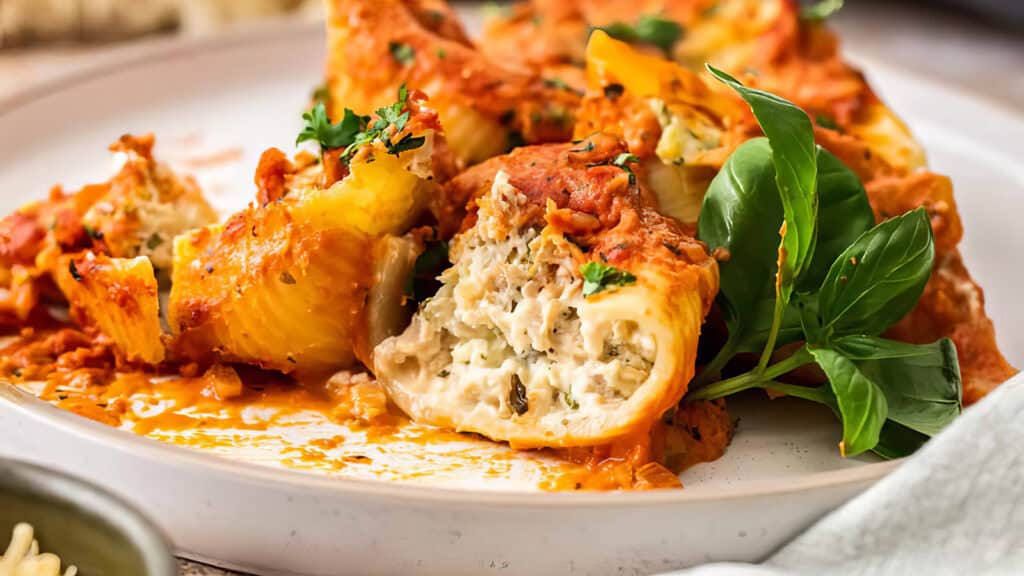 A close-up of a plate of stuffed pasta shells filled with ricotta cheese and topped with tomato sauce. The dish is garnished with fresh basil leaves and chopped parsley, and the pasta is slightly browned and crispy at the edges. A fork rests nearby on the plate, ready for Pasta Lovers to dive into this delectable delight.