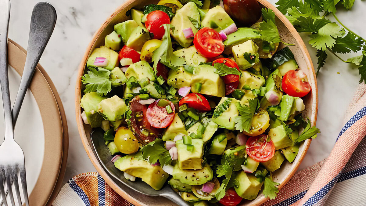 A colorful bowl of avocado and tomato salad showcasing the nutrition-packed chunks of ripe avocado, halved cherry tomatoes, chopped red onions, and fresh cilantro leaves. Garnished with a sprinkle of black pepper, it's flanked by a fork, knife, plates, and a striped cloth. Enjoy the health benefits in every bite!