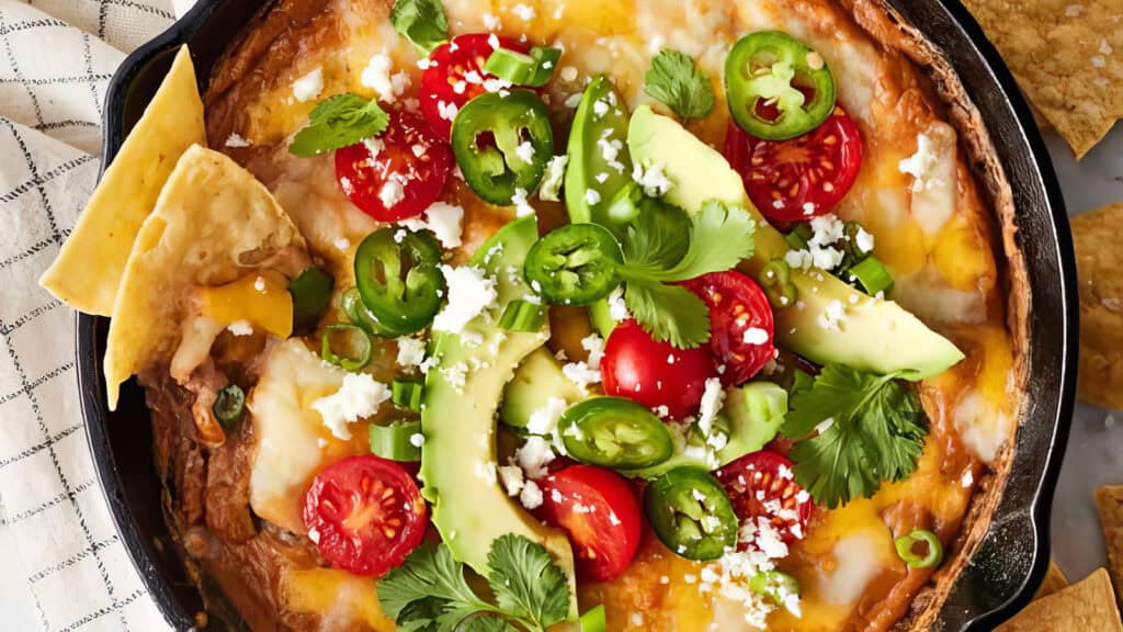 A vibrant dish served in a skillet, this dip recipe features melted cheese, sliced avocados, cherry tomatoes, jalapeño slices, cilantro, and crumbled white cheese, accompanied by crispy tortilla chips.