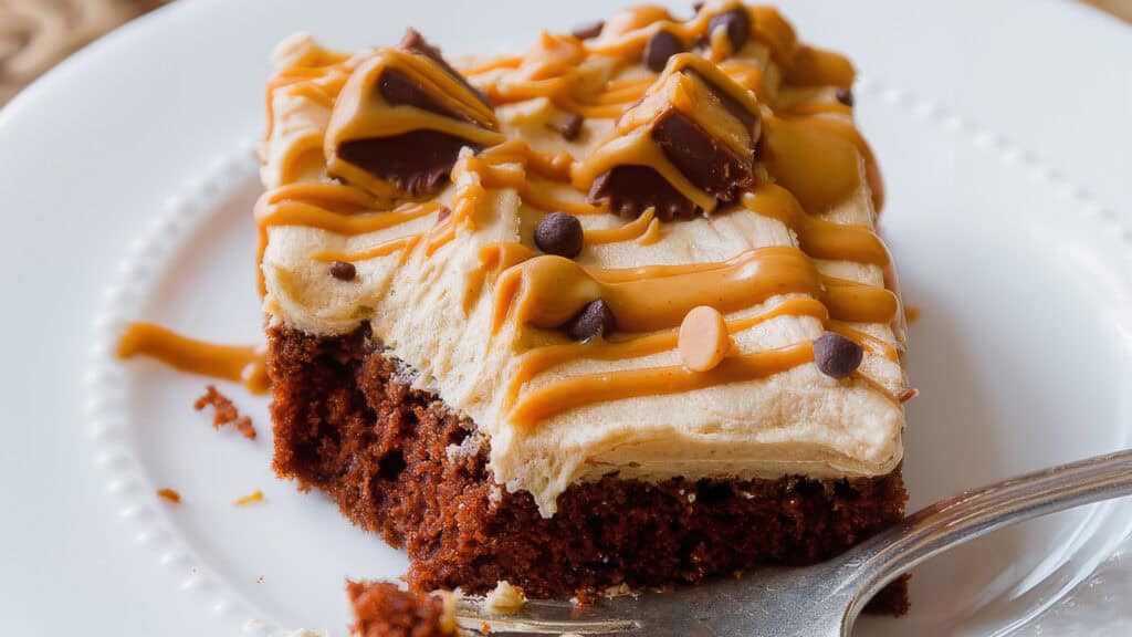 A slice of chocolate cake topped with creamy frosting, caramel drizzle, and pieces of peanut butter cups is served on a white plate with a metal fork beside it. This delectable dessert, inspired by the best sheet cake recipes, has a moist texture and is garnished with small chocolate chips.