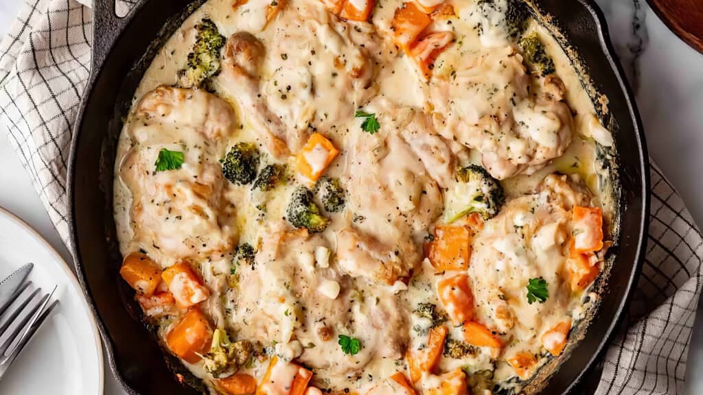 A cast-iron skillet filled with a baked dish consisting of creamy chicken breasts, broccoli florets, and chunks of sweet potatoes, garnished with parsley. A white and gray checkered cloth is partially visible beside the skillet—truly one of those timeless Comfort Food Recipes.