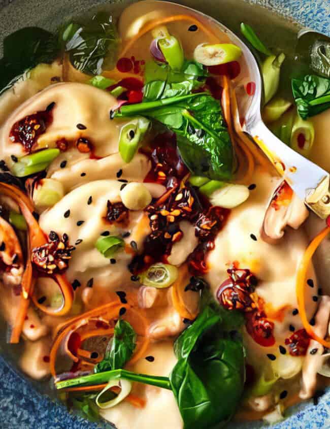 A bowl of wonton soup, the ultimate comfort food, is garnished with fresh spinach leaves, chopped scallions, and sesame seeds. The clear broth speckled with chili flakes warms your soul. A spoon with a red handle rests in the bowl as black sesame seeds are scattered nearby on the table.