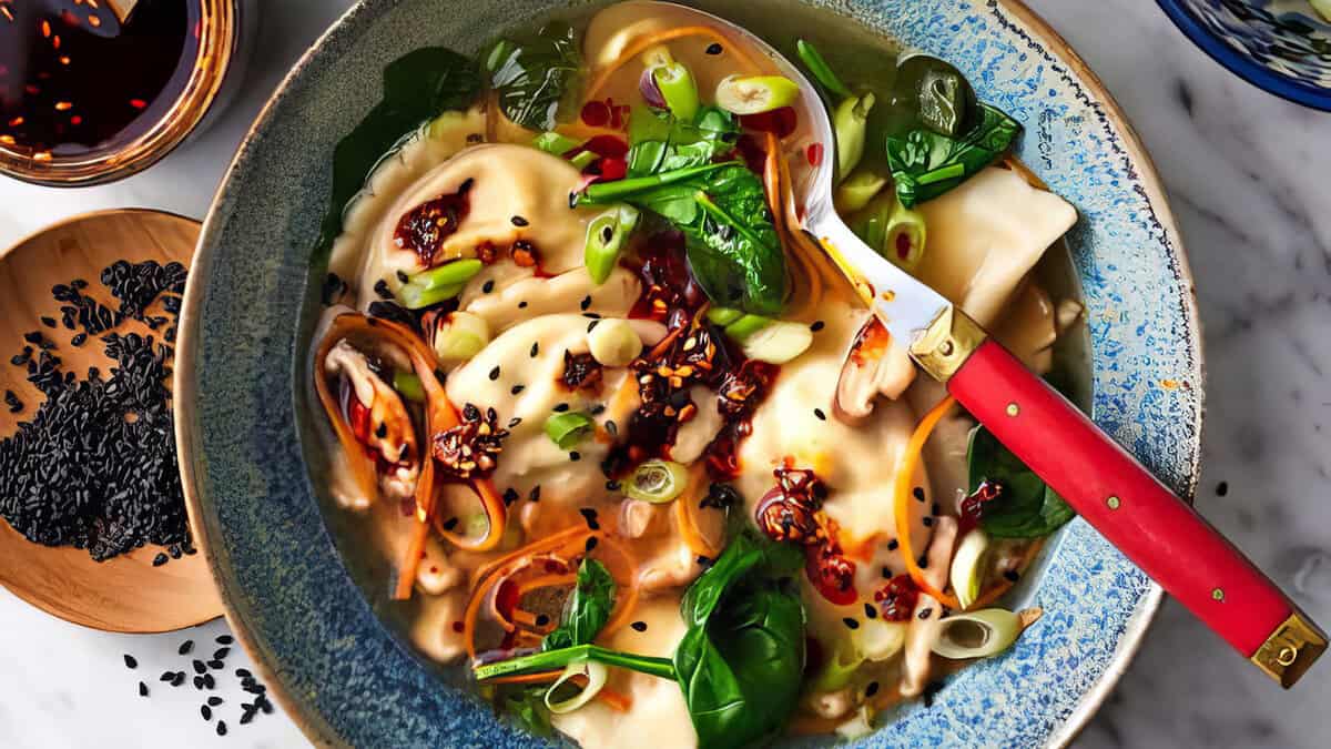 A bowl of wonton soup, the ultimate comfort food, is garnished with fresh spinach leaves, chopped scallions, and sesame seeds. The clear broth speckled with chili flakes warms your soul. A spoon with a red handle rests in the bowl as black sesame seeds are scattered nearby on the table.