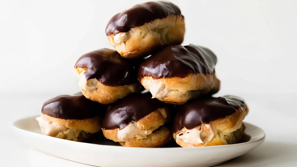 A white plate stacked with multiple éclairs, each topped with glossy chocolate icing. The sweet treats are filled with cream, making them a perfect choice for easy desserts. The background is plain white.