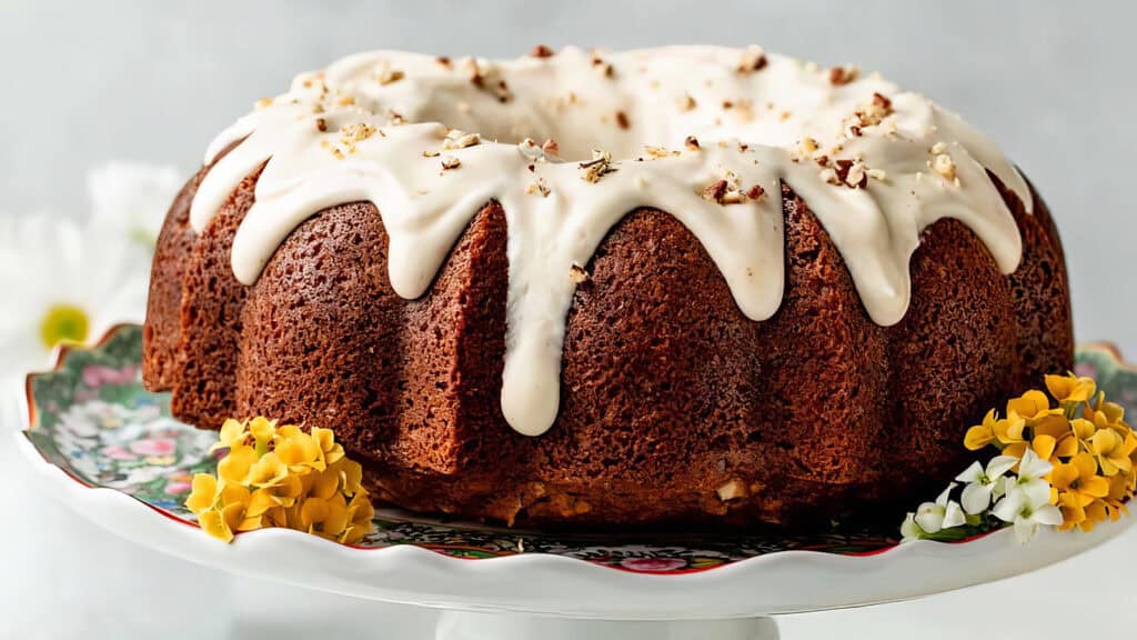 A decorative Bundt cake topped with white icing and sprinkled with nuts sits on a floral-patterned cake stand, surrounded by yellow and white flowers. For those seeking inspiration, this delightful dessert can be found in various Bundt Cake Recipes. The rich brown color contrasts beautifully with the creamy icing dripping down the sides.