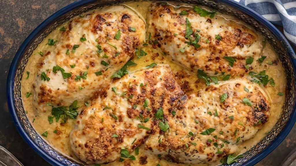 A close-up of a baked dish showcases four large, golden-brown, and herb-crusted chicken breasts in a creamy sauce. This classic among chicken recipes is garnished with chopped parsley and served in a decorative, deep oval dish. A striped kitchen towel lies in the background.