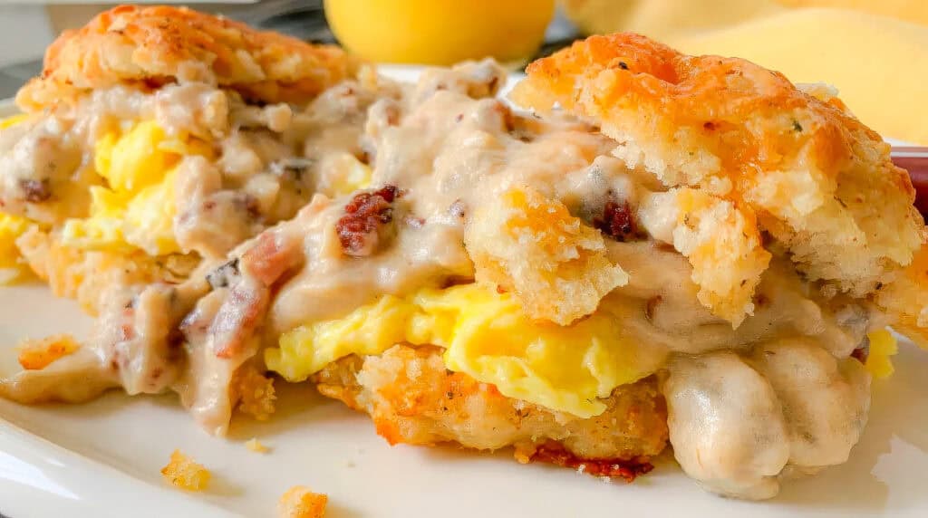 A flaky biscuit sandwich filled with scrambled eggs and smothered in creamy sausage gravy. The gravy is thick and speckled with chunks of sausage, embodying classic Southern Recipes. The biscuit has a golden-brown, crispy texture. The sandwich is placed on a white plate with a blurred background.