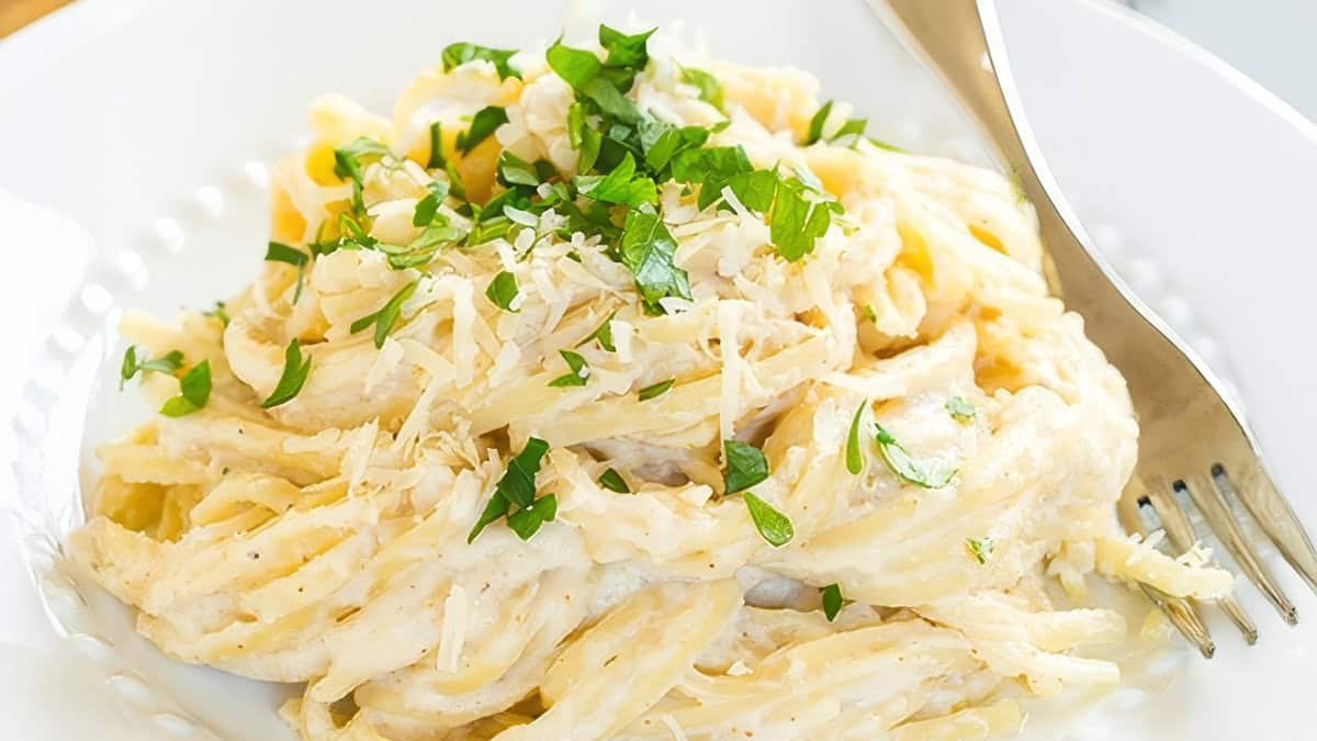 A plate of creamy fettuccine Alfredo pasta garnished with grated Parmesan cheese and chopped fresh parsley. A fork is placed on the right side of the dish. The sauce appears rich and smooth, coating the pasta evenly—a good example of classic Alfredo recipes.