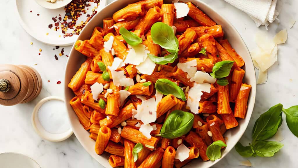 A bowl of rigatoni pasta covered in a rich, red tomato sauce, garnished with fresh basil leaves and shaved Parmesan cheese. The dish is surrounded by a cloth napkin, a pepper grinder, and plates with red pepper flakes and pine nuts on a white marble background—perfect for your dinner recipes collection.