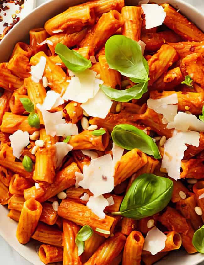 A bowl of rigatoni pasta covered in a rich, red tomato sauce, garnished with fresh basil leaves and shaved Parmesan cheese. The dish is surrounded by a cloth napkin, a pepper grinder, and plates with red pepper flakes and pine nuts on a white marble background—perfect for your dinner recipes collection.