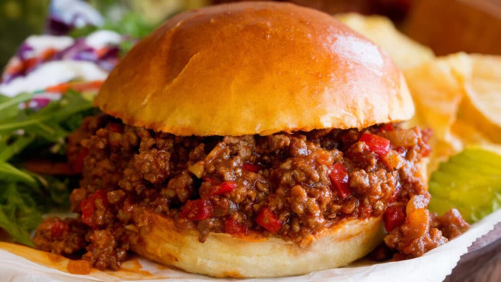 A close-up of a sloppy joe sandwich on a shiny toasted bun, filled with a generous serving of seasoned ground beef and diced red peppers—perfect for anyone exploring ground beef recipes. The sandwich is accompanied by side items, including fresh greens, potato chips, and pickle slices.