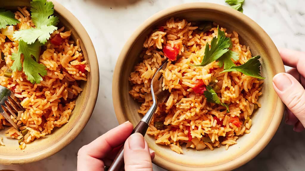 Two bowls of seasoned rice garnished with cilantro are shown. One bowl is held by a hand with a fork poised above the rice, while the other bowl is also topped with cilantro. The rice dish recipes feature visible tomato pieces and are arranged on a light marble surface.