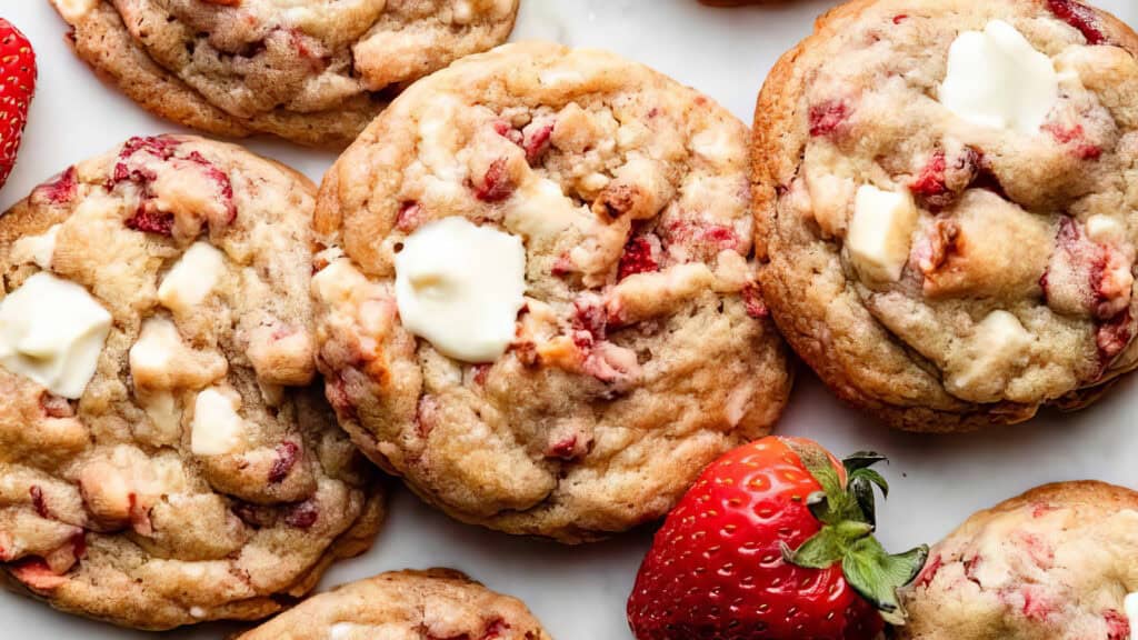 A close-up of several strawberry cookies with chunks of white chocolate. The cookies are soft and slightly golden, with visible bits of strawberries and melted white chocolate. Fresh strawberries are scattered around the cookies on a white surface, showcasing irresistible strawberry desserts.