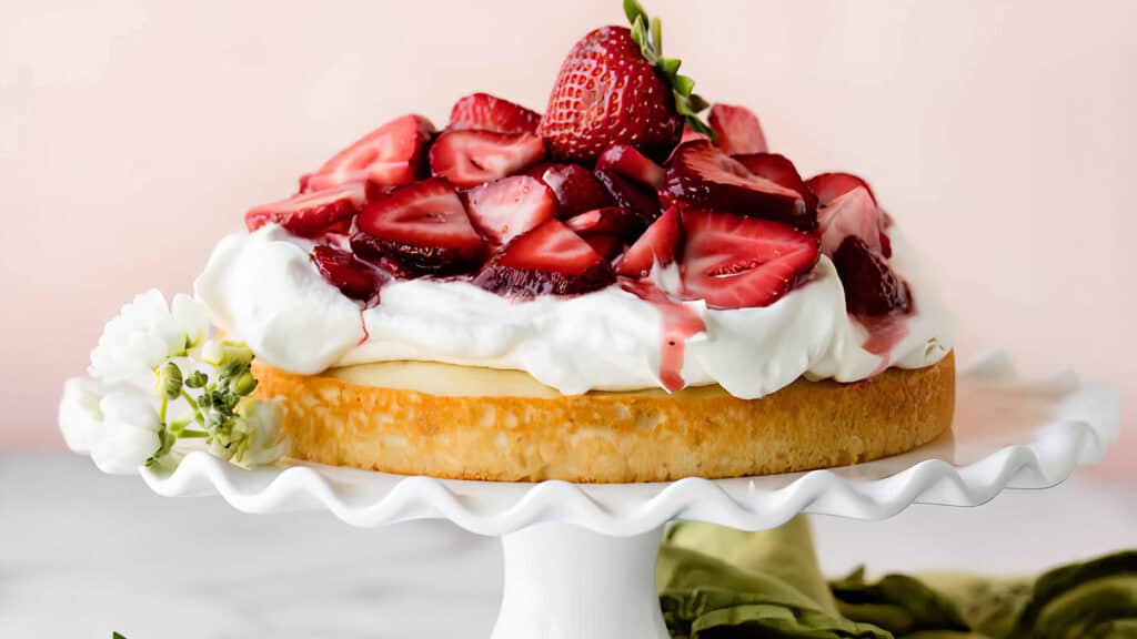 A strawberry shortcake topped with whipped cream and fresh sliced strawberries sits on a white, ruffled cake stand. The background is a soft pink, and a small green cloth is partially visible at the base of the cake stand. White flowers are placed next to this delightful example of strawberry desserts.