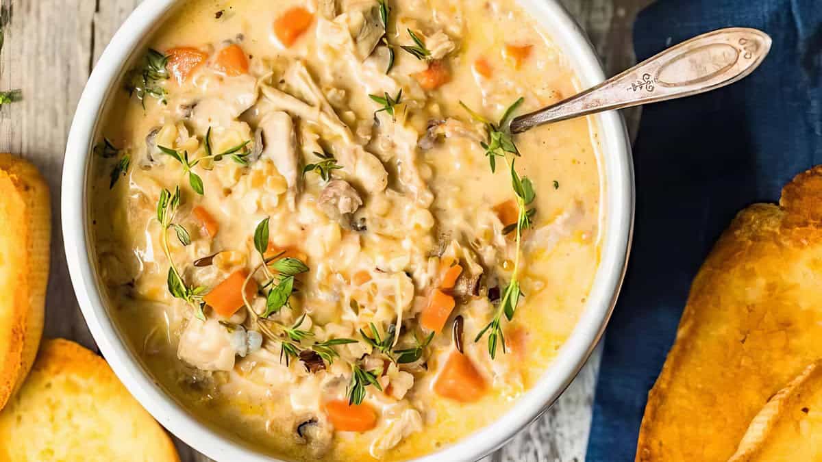 A beautifully presented photo of Turkey Wild Rice Soup