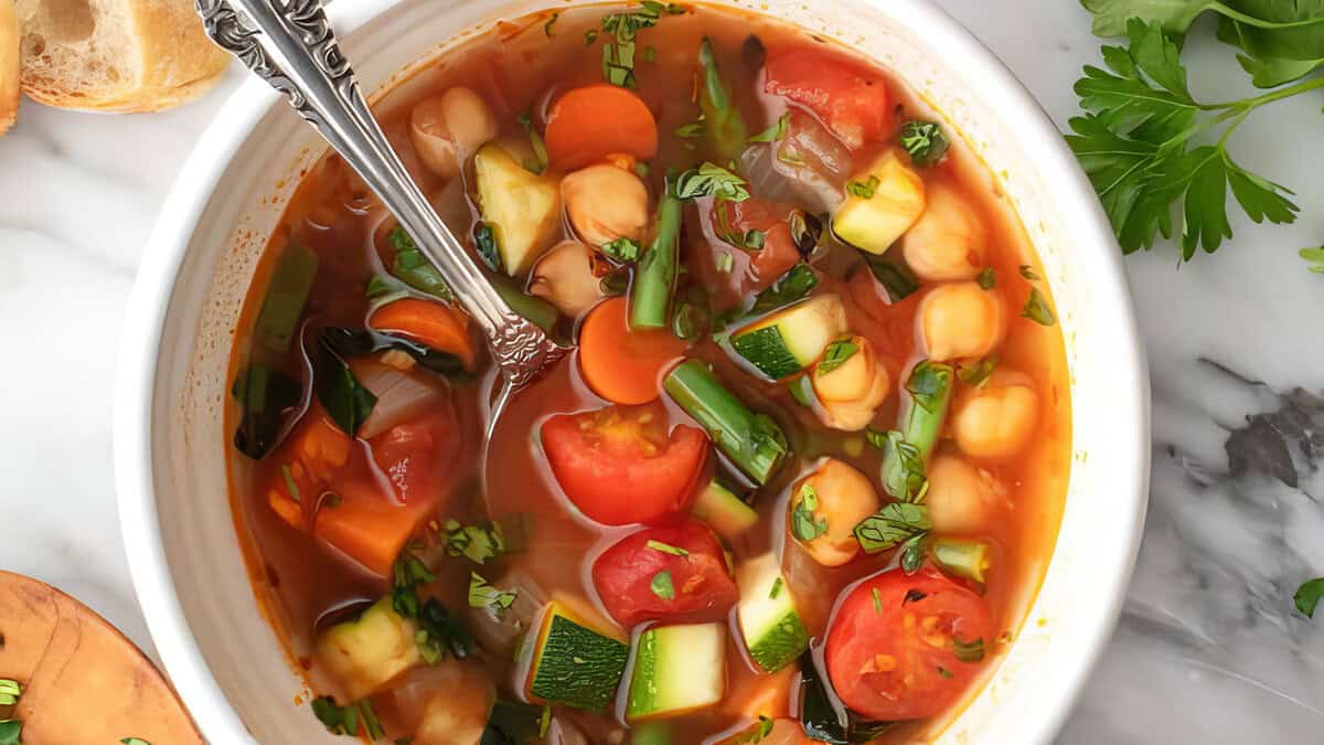 A bowl of colorful vegetable soup, filled with chunks of tomato, zucchini, carrots, green beans, and chickpeas, garnished with fresh herbs. A silver spoon rests inside the bowl. A slice of bread and sprigs of parsley are visible on the marble countertop—true comfort food to warm your soul.