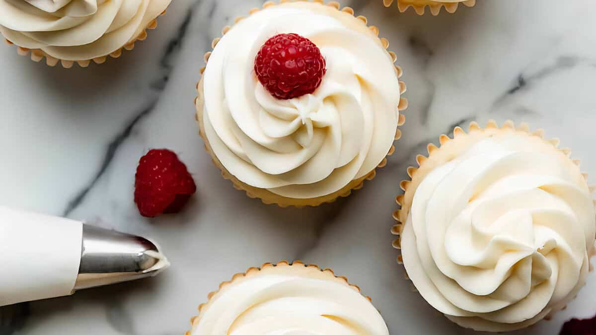 Close-up of creamy cupcakes topped with swirl-like frosting and a single raspberry on top. A piping bag with frosting is placed beside the cupcakes, all arranged on a marble surface. One loose raspberry lies next to the piping bag. The scene exudes minimalistic elegance, a true Frosting Frenzy delight.