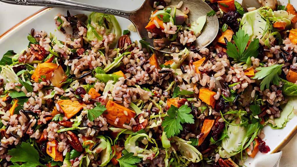 A vibrant, colorful salad on a white plate features a mix of wild rice, chopped vegetables, leafy greens, roasted sweet potatoes, cranberries, and nuts. Drawing inspiration from rice dish recipes, it's garnished with fresh parsley and served with a large spoon and fork.