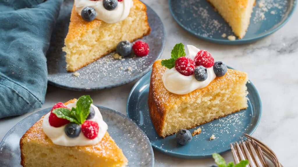 Slices of sponge cake garnished with dollops of whipped cream, fresh blueberries, and raspberries—classic fruit desserts—are served on blue plates. A blue cloth napkin and a silver fork are also visible, with a light dusting of powdered sugar on the marble countertop.