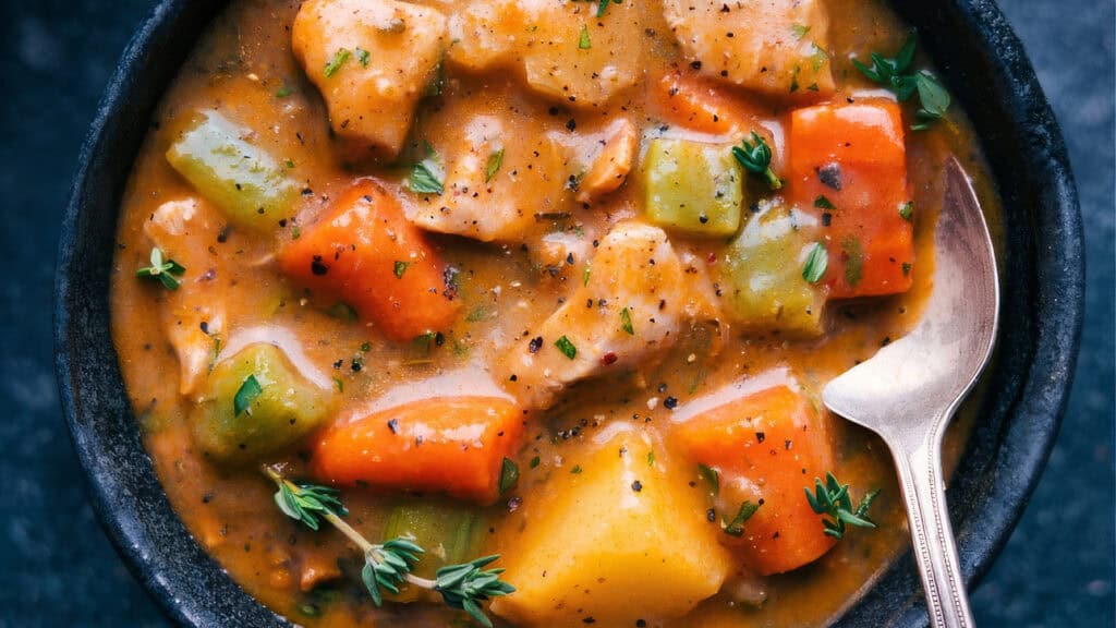 A close-up of a hearty vegetable and chicken stew in a dark bowl. The stew includes chunks of carrots, potatoes, celery, and pieces of chicken, all in a thick, seasoned broth typically crafted in slow cooker recipes. Fresh thyme leaves are sprinkled on top, and a spoon rests on the side.